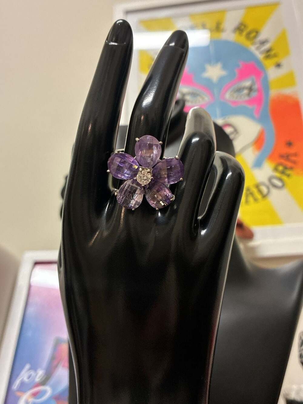 Nolan Miller Purple Crystal Flower Ring Silver Tone